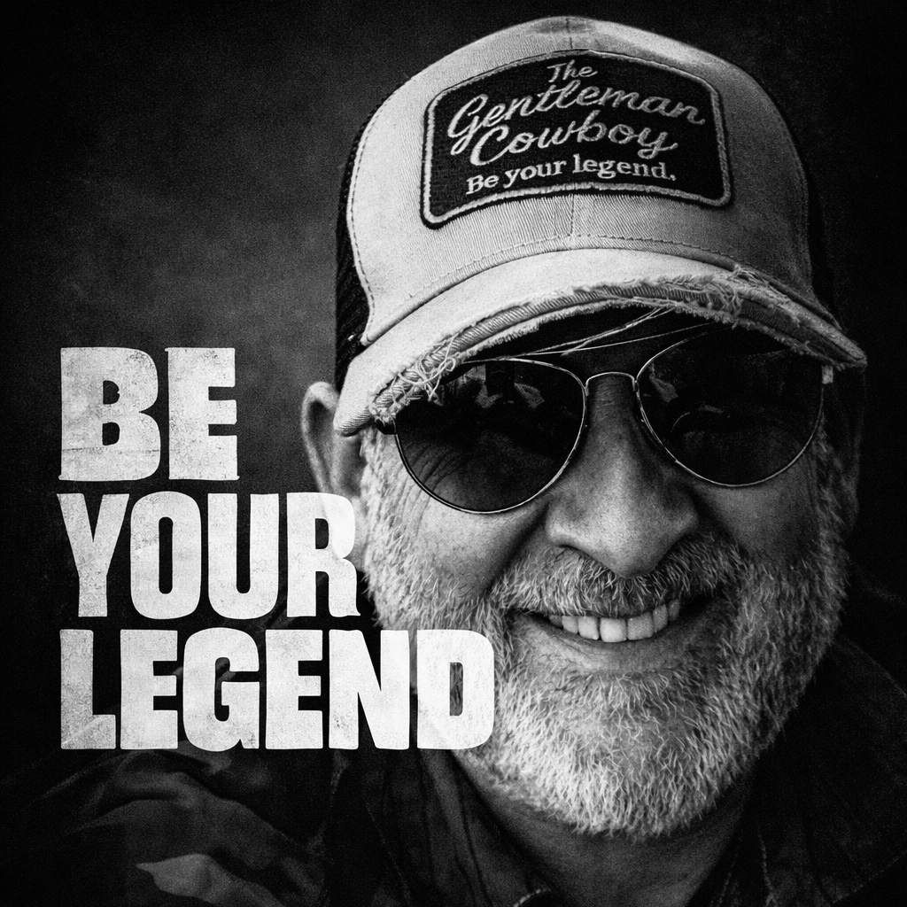 Founder, Damo wearing sunglasses and a cap with 'The Gentleman Cowboy' logo, text 'Be Your Legend' on a dark background