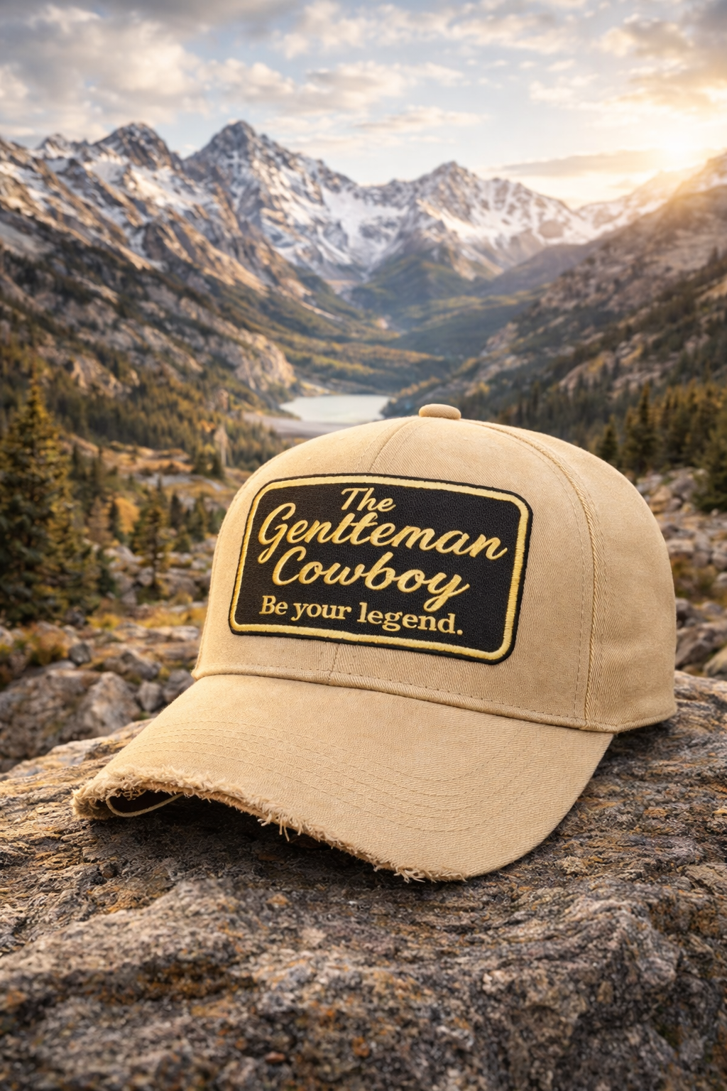 Beige cap with 'The Gentleman Cowboy' logo on a rock with a mountainous landscape in the background