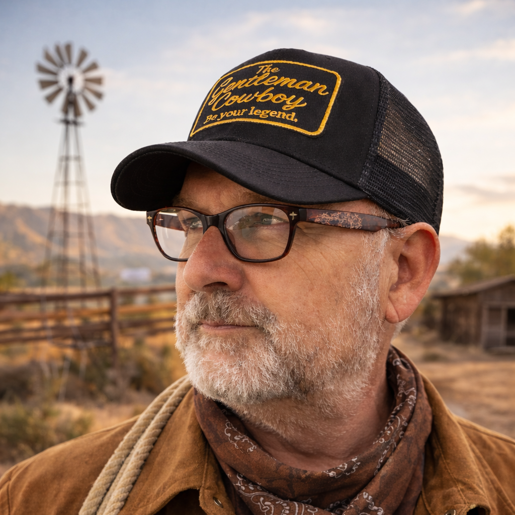 Man wearing black Outlaw cap from The Gentleman Cowboy brand