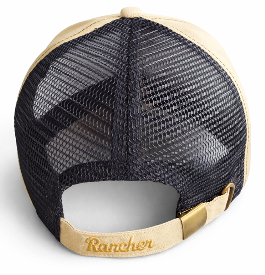 Sand panel and black mesh cap with sand rim and 'Rancher' logo on a white background